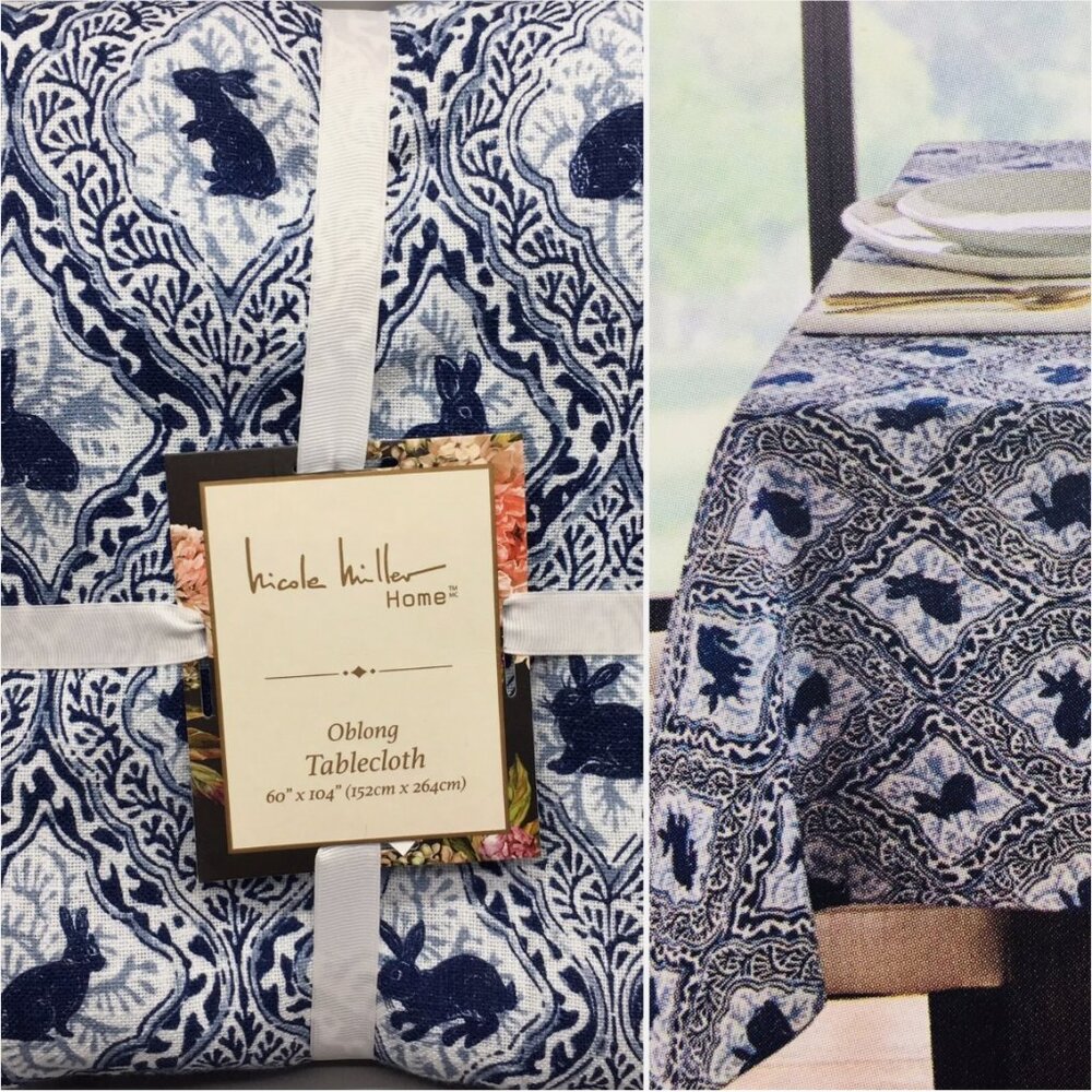 Nicole Miller Easter Bunny Tablecloth 60x104 Blue White Farmhouse Country Spring
